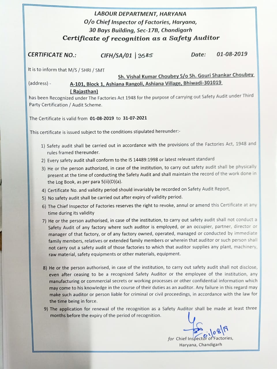 Safety Auditor Certificate